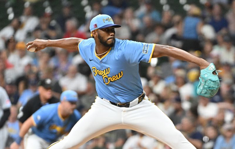 Aug 16, 2024; Milwaukee, Wisconsin, USA; Cleveland Guardians pitcher Eli Morgan (49) delivers a pitch against the Milwaukee Brewers in the sixth inning at American Family Field. Mandatory Credit: Michael McLoone-USA TODAY Sports