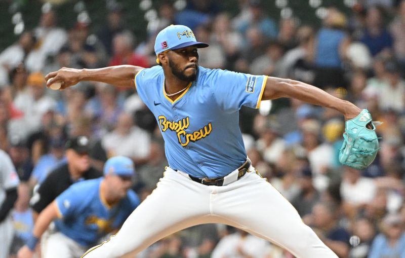 Aug 16, 2024; Milwaukee, Wisconsin, USA; Cleveland Guardians pitcher Eli Morgan (49) delivers a pitch against the Milwaukee Brewers in the sixth inning at American Family Field. Mandatory Credit: Michael McLoone-USA TODAY Sports