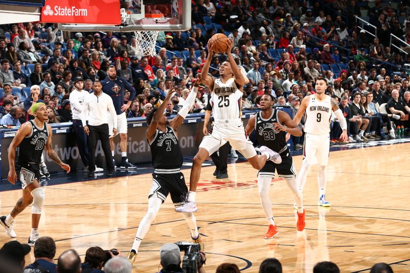 NEW ORLEANS, LA - DECEMBER 22: Trey Murphy III #25 of the New Orleans Pelicans drives to the basket during the game against the San Antonio Spurs on December 22, 2022 at the Smoothie King Center in New Orleans, Louisiana. NOTE TO USER: User expressly acknowledges and agrees that, by downloading and or using this Photograph, user is consenting to the terms and conditions of the Getty Images License Agreement. Mandatory Copyright Notice: Copyright 2022 NBAE (Photo by Ned Dishman/NBAE via Getty Images)