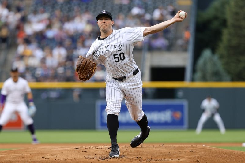 May 24, 2024; Denver, Colorado, USA; Colorado Rockies starting pitcher Ty Blach (50) pitches in the first inning against the Philadelphia Phillies at Coors Field. Mandatory Credit: Isaiah J. Downing-USA TODAY Sports