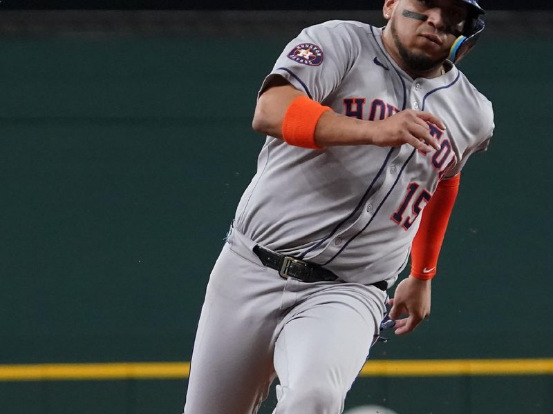 May 17, 2025; Arlington, Texas, USA; Houston Astros third baseman Isaac Paredes (15) runs the bases to score during the first inning against the Texas Rangers at Globe Life Field. Mandatory Credit: Raymond Carlin III-Imagn Images