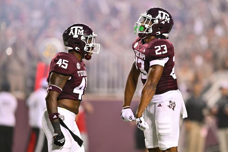 Sep 2, 2023; College Station, Texas, USA; Texas A&M Aggies linebacker Chantz Johnson (23) and linebacker Edgerrin Cooper (45) react to a play during the third quarter against New Mexico Lobos at Kyle Field. Mandatory Credit: Maria Lysaker-USA TODAY Sports