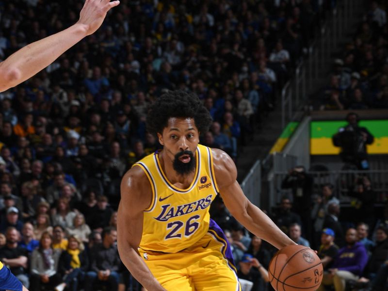 SAN FRANCISCO, CA - FEBRUARY 22:  Spencer Dinwiddie #26 of the Los Angeles Lakers goes to the basket during the game  on February 22, 2024 at Chase Center in San Francisco, California. NOTE TO USER: User expressly acknowledges and agrees that, by downloading and or using this photograph, user is consenting to the terms and conditions of Getty Images License Agreement. Mandatory Copyright Notice: Copyright 2024 NBAE (Photo by Noah Graham/NBAE via Getty Images)