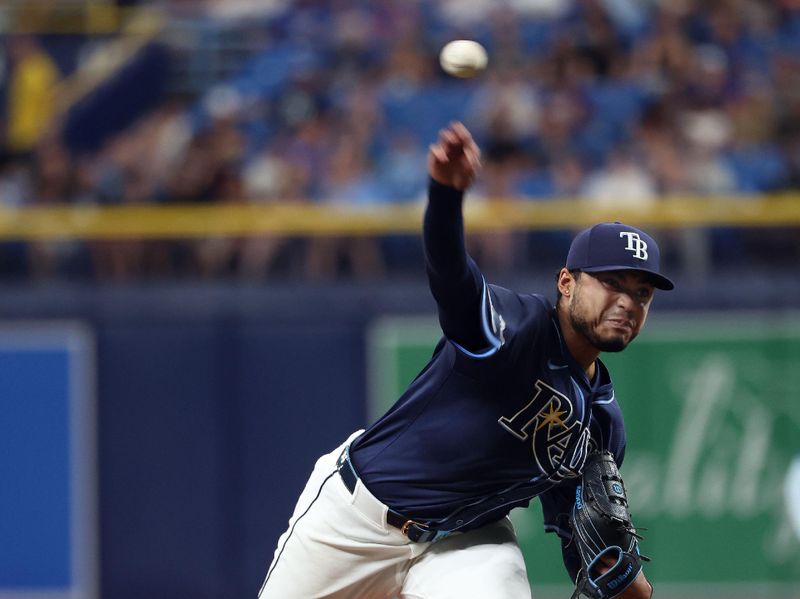 Jun 24, 2024; St. Petersburg, Florida, USA; Tampa Bay Rays pitcher Taj Bradley (45) throws a pitch against the Seattle Mariners during the third inning at Tropicana Field. Mandatory Credit: Kim Klement Neitzel-USA TODAY Sports