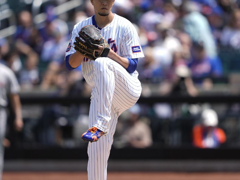 May 1, 2025; New York City, New York, USA; New York Mets pitcher Kodai Senga (34) delivers a pitch against the Arizona Diamondbacks during the first inning at Citi Field. Mandatory Credit: Gregory Fisher-Imagn Images