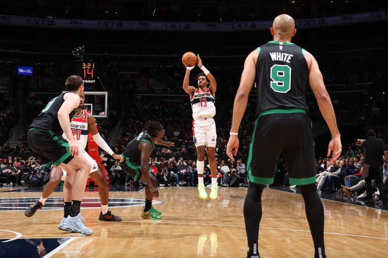 WASHINGTON, DC -? OCTOBER 24: Jordan Poole #13 of the Washington Wizards shoots a three point basket during the game  against the Boston Celtics on October 24, 2024 at Capital One Arena in Washington, DC. NOTE TO USER: User expressly acknowledges and agrees that, by downloading and or using this Photograph, user is consenting to the terms and conditions of the Getty Images License Agreement. Mandatory Copyright Notice: Copyright 2024 NBAE (Photo by Stephen Gosling/NBAE via Getty Images)