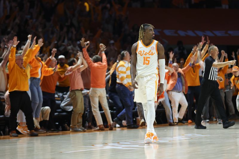 Mar 1, 2025; Knoxville, Tennessee, USA; Tennessee Volunteers guard Jahmai Mashack (15) reacts shooting a game winning three pointer as time expires against the Alabama Crimson Tide at Thompson-Boling Arena at Food City Center. Mandatory Credit: Randy Sartin-Imagn Images