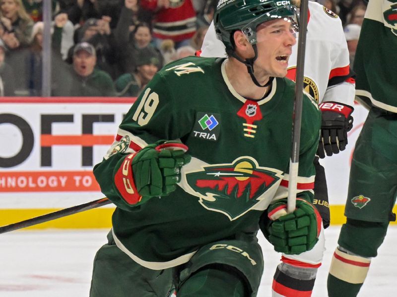 Dec 13, 2025; Saint Paul, Minnesota, USA;  Minnesota wild forward Tyler Pitlick (19) celebrates his goal against the Ottawa Senators during the second period at Grand Casino Arena. Mandatory Credit: Nick Wosika-Imagn Images