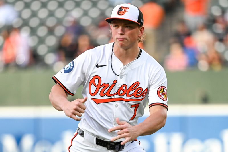 Sep 4, 2024; Baltimore, Maryland, USA;  Baltimore Orioles second base Jackson Holliday (7) before the game against the Chicago White Sox at Oriole Park at Camden Yards. Mandatory Credit: Tommy Gilligan - Imagn Images