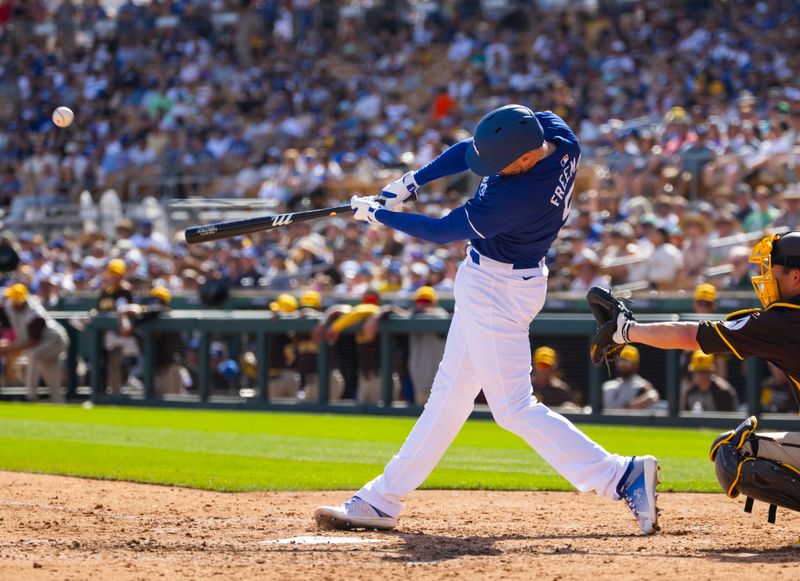 Feb 23, 2024; Phoenix, Arizona, USA; Los Angeles Dodgers first baseman Freddie Freeman against the San Diego Padres during a spring training game at Camelback Ranch-Glendale. Mandatory Credit: Mark J. Rebilas-USA TODAY Sports