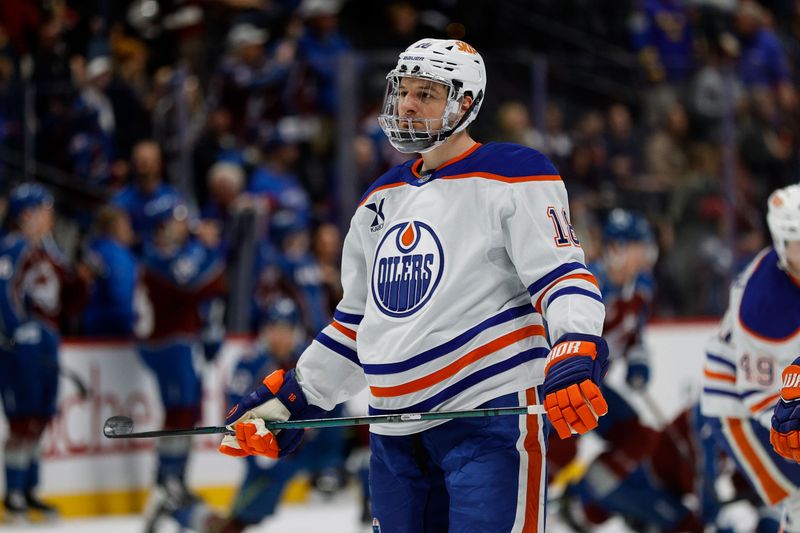 Jan 16, 2025; Denver, Colorado, USA; Edmonton Oilers left wing Zach Hyman (18) before the game against the Colorado Avalanche at Ball Arena. Mandatory Credit: Isaiah J. Downing-Imagn Images