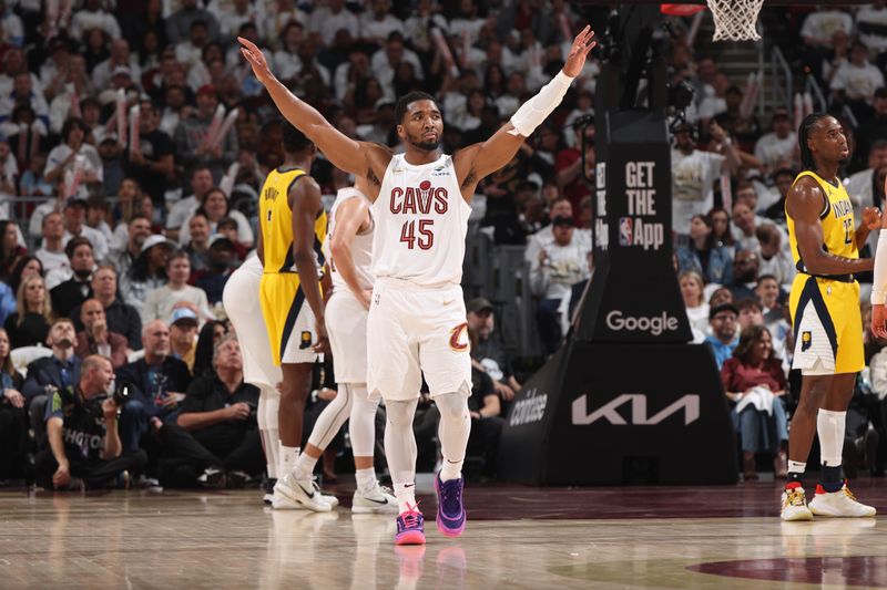 CLEVELAND, OH - MAY 6: Donovan Mitchell #45 of the Cleveland Cavaliers celebrates during the game against the Indiana Pacers during Round 2 Game 2 of the 2025 NBA Playoffs on May 6, 2025 at Rocket Arena in Cleveland, Ohio. NOTE TO USER: User expressly acknowledges and agrees that, by downloading and/or using this Photograph, user is consenting to the terms and conditions of the Getty Images License Agreement. Mandatory Copyright Notice: Copyright 2025 NBAE (Photo by Joe Murphy/NBAE via Getty Images)