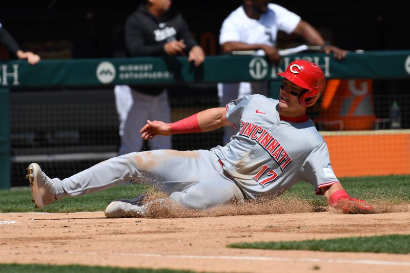 Apr 13, 2024; Chicago, Illinois, USA; Cincinnati Reds right fielder Stuart Fairchild (17) slides into home plate to score during the second inning against the Chicago White Sox at Guaranteed Rate Field. Mandatory Credit: Patrick Gorski-USA TODAY Sports