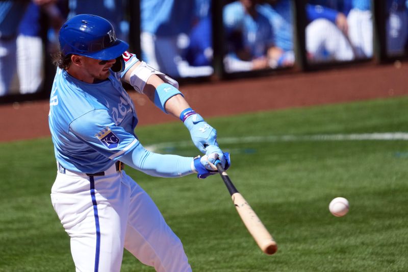 Mar 11, 2024; Surprise, Arizona, USA; Kansas City Royals shortstop Bobby Witt Jr. (7) bats against the San Francisco Giants during the first inning at Surprise Stadium. Mandatory Credit: Joe Camporeale-USA TODAY Sports