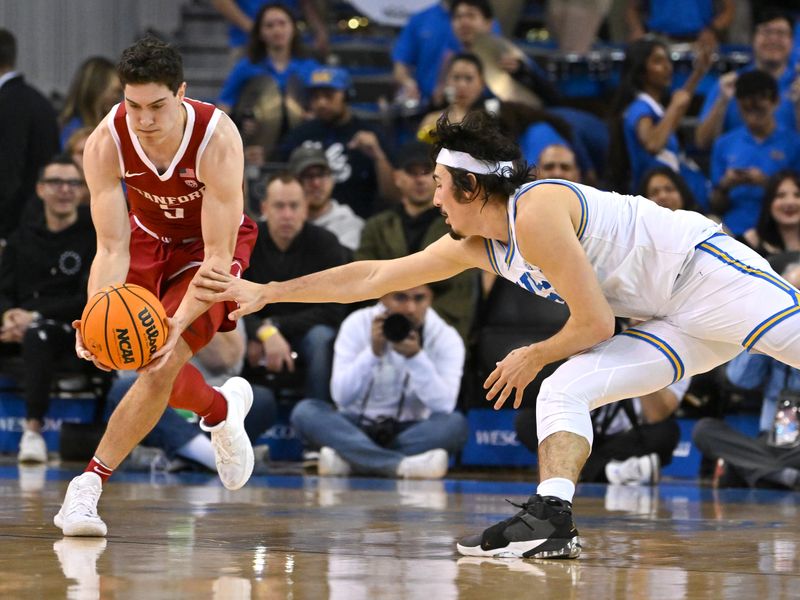 Feb 16, 2023; Los Angeles, California, USA; Stanford Cardinal guard Michael O'Connell (5) beats UCLA Bruins guard Jaime Jaquez Jr. (24) to a loose ball in the first half at Pauley Pavilion presented by Wescom. Mandatory Credit: Jayne Kamin-Oncea-USA TODAY Sports