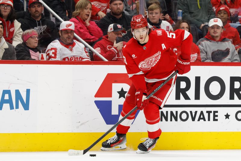 Jan 18, 2026; Detroit, Michigan, USA;  Detroit Red Wings defenseman Moritz Seider (53) skates with the puck in the second period against the Ottawa Senators at Little Caesars Arena. Mandatory Credit: Rick Osentoski-Imagn Images