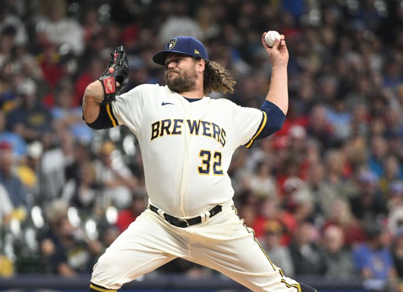 Sep 26, 2023; Milwaukee, Wisconsin, USA; Milwaukee Brewers relief pitcher Andrew Chafin (32) delivers a pitch against the St. Louis Cardinals in the eighth inning at American Family Field. Mandatory Credit: Michael McLoone-USA TODAY Sports