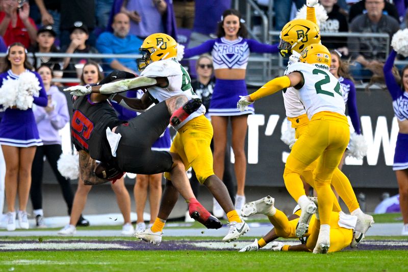 Nov 18, 2023; Fort Worth, Texas, USA; TCU Horned Frogs tight end Jared Wiley (19) dives into the end zone against the Baylor Bears during the second half at Amon G. Carter Stadium. Mandatory Credit: Jerome Miron-USA TODAY Sports