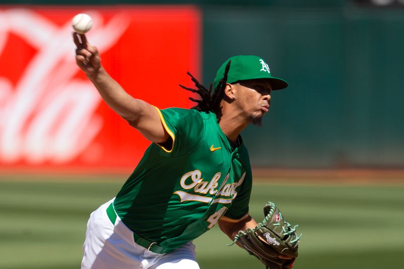 May 8, 2024; Oakland, California, USA; Oakland Athletics starting pitcher Osvaldo Bido (45) delivers a pitch against the Texas Rangers during the second inning at Oakland-Alameda County Coliseum. Mandatory Credit: D. Ross Cameron-USA TODAY Sports