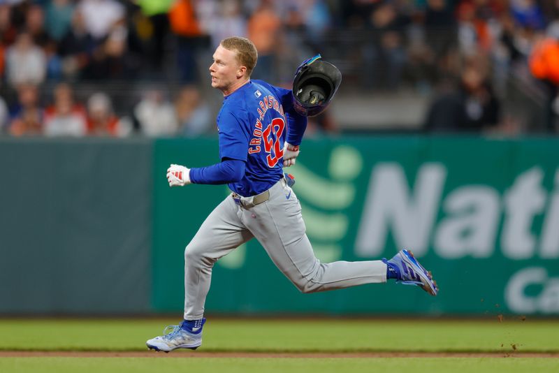 Jun 24, 2024; San Francisco, California, USA; Chicago Cubs outfielder Pete Crow-Armstrong (52) hits a triple during the sixth inning against the San Francisco Giants at Oracle Park. All Giants players wore the number 24 in honor of Giants former player Willie Mays. Mandatory Credit: Sergio Estrada-USA TODAY Sports