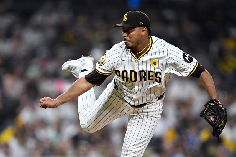 Jun 20, 2024; San Diego, California, USA; San Diego Padres relief pitcher Jeremiah Estrada (56) pitches against the Milwaukee Brewers during the ninth inning at Petco Park. Mandatory Credit: Orlando Ramirez-USA TODAY Sports