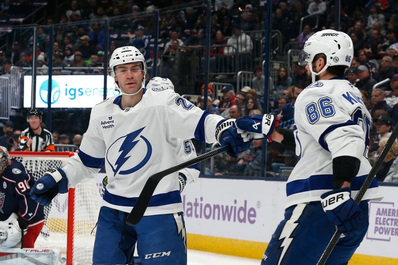 Nov 21, 2024; Columbus, Ohio, USA; Tampa Bay Lightning center Brayden Point (21) celebrates his goal against the Columbus Blue Jackets during the first period at Nationwide Arena. Mandatory Credit: Russell LaBounty-Imagn Images