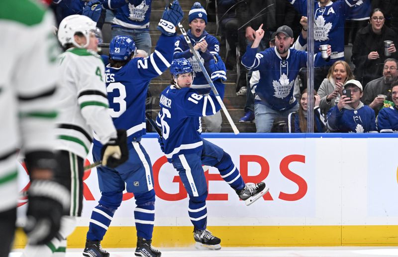 Feb 7, 2024; Toronto, Ontario, CAN; Toronto Maple Leafs forward Mitchell Marner (16) celebrates after scoring against the Dallas Stars in the third period at Scotiabank Arena. Mandatory Credit: Dan Hamilton-USA TODAY Sports