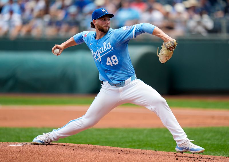 Jun 13, 2024; Kansas City, Missouri, USA; Kansas City Royals starting pitcher Alec Marsh (48) pitches during the first inning against the New York Yankees at Kauffman Stadium. Mandatory Credit: Jay Biggerstaff-USA TODAY Sports