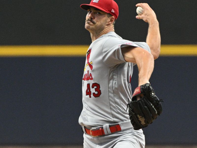 Sep 28, 2023; Milwaukee, Wisconsin, USA; St. Louis Cardinals starting pitcher Dakota Hudson (43) delivers a pitch against the Milwaukee Brewers in the first inning at American Family Field. Mandatory Credit: Michael McLoone-USA TODAY Sports