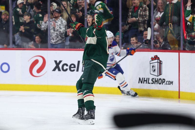 Dec 20, 2025; Saint Paul, Minnesota, USA; Minnesota Wild left wing Matt Boldy (12) celebrates his goal against the Edmonton Oilers during the first period at Grand Casino Arena. Mandatory Credit: Matt Krohn-Imagn Images