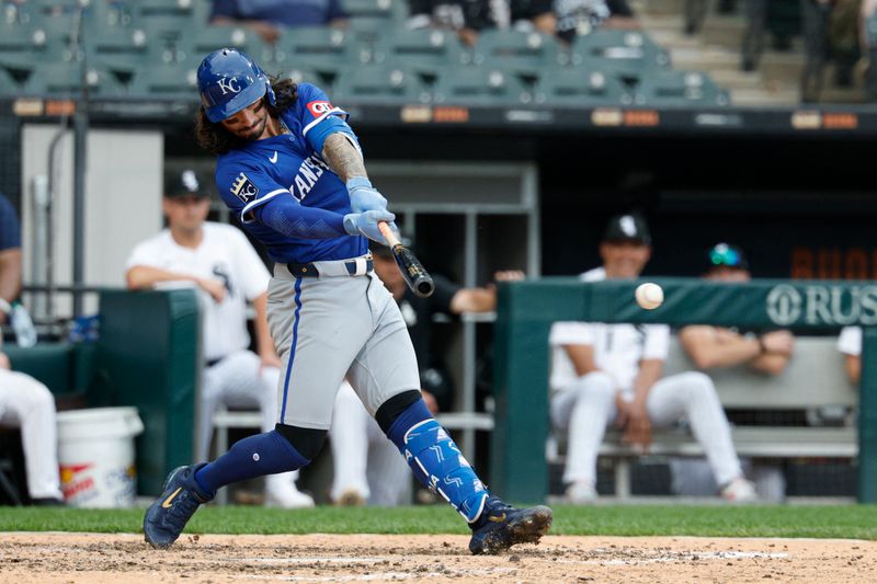 Jun 8, 2025; Chicago, Illinois, USA; Kansas City Royals second baseman Jonathan India (6) hits an RBI-single against the Chicago White Sox during the ninth inning at Rate Field. Mandatory Credit: Kamil Krzaczynski-Imagn Images