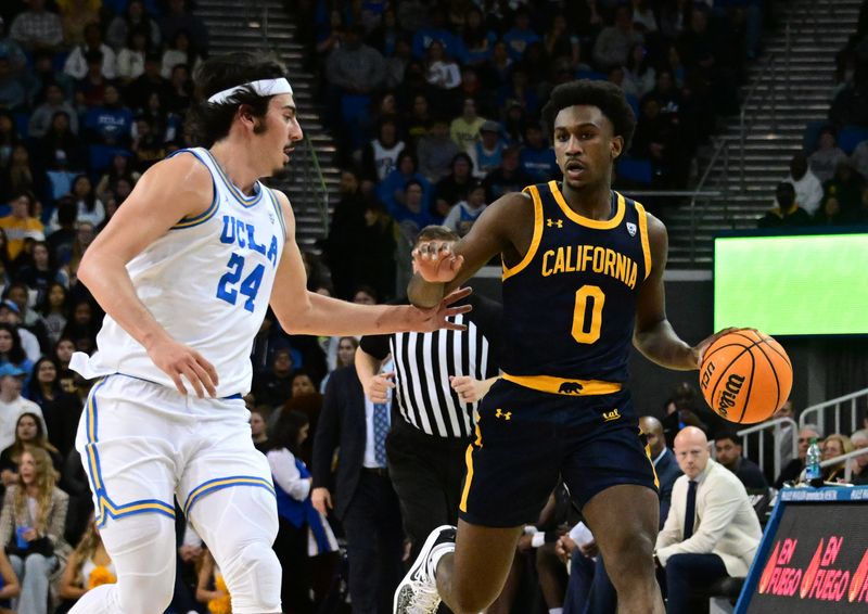 Feb 18, 2023; Los Angeles, California, USA;  California Golden Bears guard Marsalis Roberson (0) dribbles against UCLA Bruins guard Jaime Jaquez Jr. (24) in a college basketball game at Pauley Pavilion presented by Wescom. Mandatory Credit: Richard Mackson-USA TODAY Sports