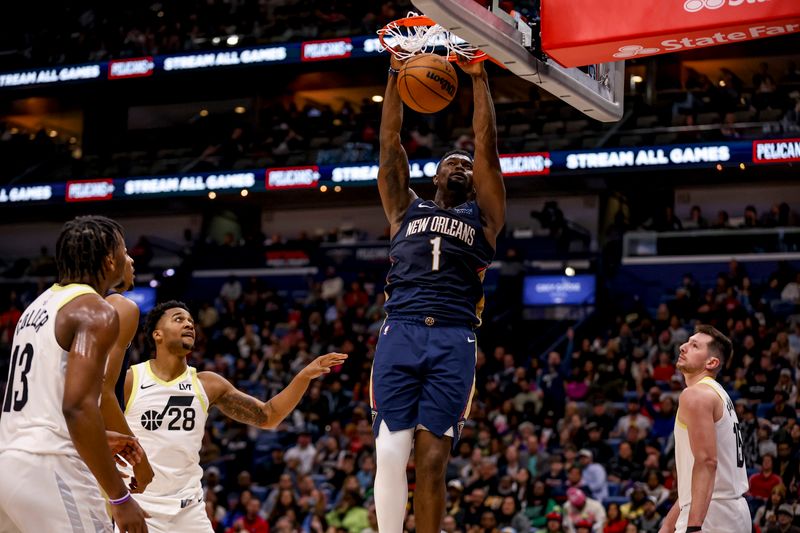 NEW ORLEANS, LOUISIANA - JANUARY 17: Zion Williamson #1 of the New Orleans Pelicans dunks against the Utah Jazz during the first half of a game at the Smoothie King Center on January 17, 2025 in New Orleans, Louisiana. NOTE TO USER: User expressly acknowledges and agrees that, by downloading and or using this photograph, User is consenting to the terms and conditions of the Getty Images License Agreement. (Photo by Derick E. Hingle/Getty Images)