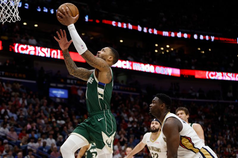 NEW ORLEANS, LOUISIANA - MARCH 28: Damian Lillard #0 of the Milwaukee Bucks shoots the ball over Zion Williamson #1 of the New Orleans Pelicans at Smoothie King Center on March 28, 2024 in New Orleans, Louisiana. NOTE TO USER: User expressly acknowledges and agrees that, by downloading and or using this photograph, User is consenting to the terms and conditions of the Getty Images License Agreement.  (Photo by Chris Graythen/Getty Images)Photo by Chris Graythen/Getty Images)