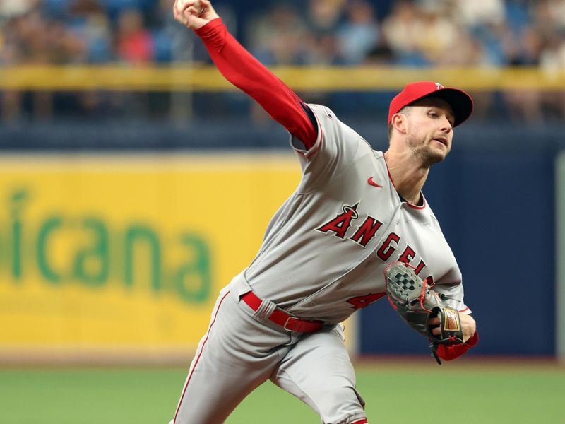 Sep 21, 2023; St. Petersburg, Florida, USA; Los Angeles Angels starting pitcher Griffin Canning (47) throws a pitch against the Tampa Bay Rays during the first inning at Tropicana Field. Mandatory Credit: Kim Klement Neitzel-USA TODAY Sports