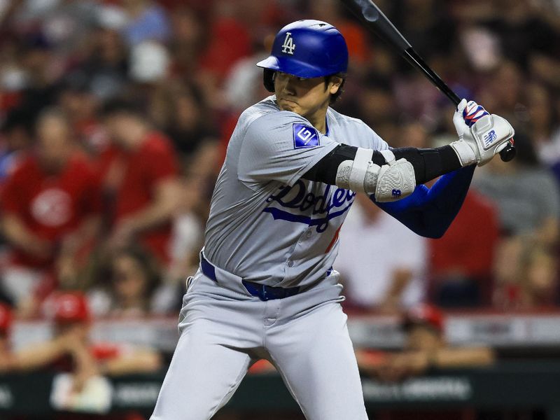 May 25, 2024; Cincinnati, Ohio, USA; Los Angeles Dodgers designated hitter Shohei Ohtani (17) at bat against the Cincinnati Reds in the eighth inning at Great American Ball Park. Mandatory Credit: Katie Stratman-USA TODAY Sports