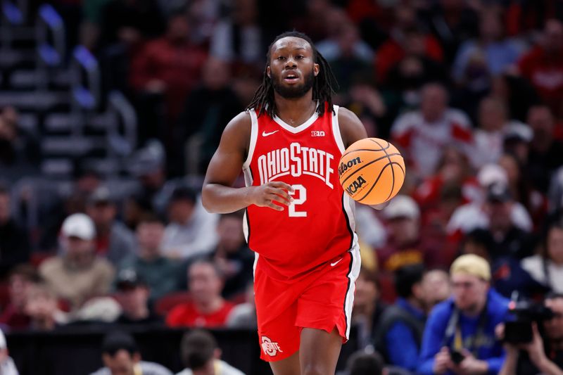 Mar 8, 2023; Chicago, IL, USA; Ohio State Buckeyes guard Bruce Thornton (2) brings the ball up court against the Wisconsin Badgers during the first half at United Center. Mandatory Credit: Kamil Krzaczynski-USA TODAY Sports