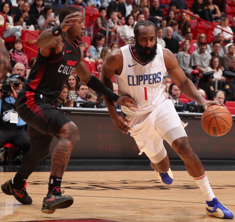 MIAMI, FL - FEBRUARY 4: James Harden #1 of the LA Clippers dribbles the ball during the game against the Miami Heat on February 4, 2024 at Kaseya Center in Miami, Florida. NOTE TO USER: User expressly acknowledges and agrees that, by downloading and or using this Photograph, user is consenting to the terms and conditions of the Getty Images License Agreement. Mandatory Copyright Notice: Copyright 2024 NBAE (Photo by Issac Baldizon/NBAE via Getty Images)