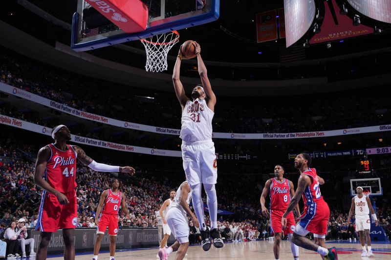 PHILADELPHIA, PA - FEBRUARY 23: Jarrett Allen #31 of the Cleveland Cavaliers drives to the basket during the game against the Philadelphia 76ers on February 23, 2024 at the Wells Fargo Center in Philadelphia, Pennsylvania NOTE TO USER: User expressly acknowledges and agrees that, by downloading and/or using this Photograph, user is consenting to the terms and conditions of the Getty Images License Agreement. Mandatory Copyright Notice: Copyright 2024 NBAE (Photo by Jesse D. Garrabrant/NBAE via Getty Images)