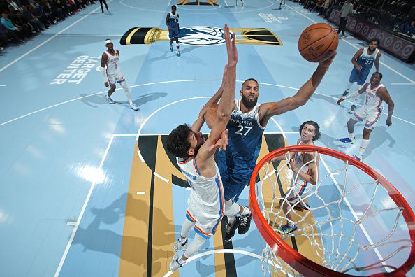 MINNEAPOLIS, MN -  NOVEMBER 28: Rudy Gobert #27 of the Minnesota Timberwolves shoots the ball during the game against the Oklahoma City Thunder during the In-Season Tournament on November 28, 2023 at Target Center in Minneapolis, Minnesota. NOTE TO USER: User expressly acknowledges and agrees that, by downloading and or using this Photograph, user is consenting to the terms and conditions of the Getty Images License Agreement. Mandatory Copyright Notice: Copyright 2023 NBAE (Photo by Jordan Johnson/NBAE via Getty Images)