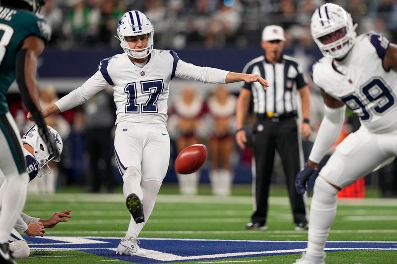 Dallas Cowboys place kicker Brandon Aubrey kicks a field goal against the Philadelphia Eagles during the second half of an NFL football game, Sunday, Dec. 10, 2023, in Arlington, Texas. (AP Photo/Tony Gutierrez)