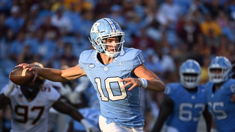 Sep 16, 2023; Chapel Hill, North Carolina, USA;  North Carolina Tar Heels quarterback Drake Maye (10) passes the ball in the fourth quarter at Kenan Memorial Stadium. Mandatory Credit: Bob Donnan-USA TODAY Sports