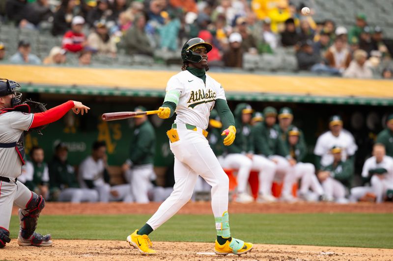 Apr 13, 2024; Oakland, California, USA; Oakland Athletics right fielder Lawrence Butler (4) reacts to striking out against the Washington Nationals during the fifth inning at Oakland-Alameda County Coliseum. Mandatory Credit: D. Ross Cameron-USA TODAY Sports