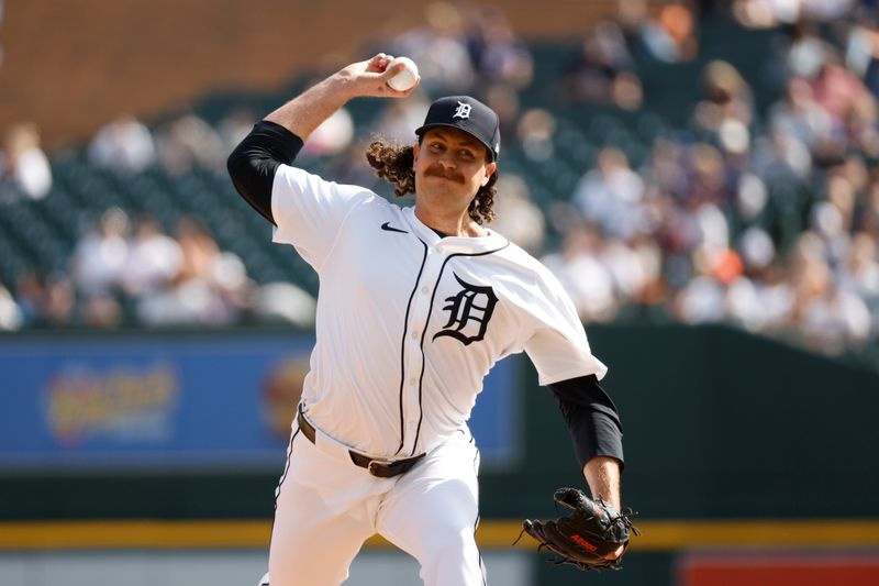 Apr 14, 2024; Detroit, Michigan, USA; Detroit Tigers pitcher Jason Foley (68) throws during the game against the Minnesota Twins at Comerica Park. Mandatory Credit: Brian Bradshaw Sevald-USA TODAY Sports