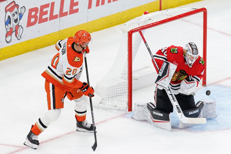 Nov 19, 2024; Chicago, Illinois, USA; Chicago Blackhawks goaltender Arvid Soderblom (40) defends against the Anaheim Ducks during the second period at United Center. Mandatory Credit: Kamil Krzaczynski-Imagn Images