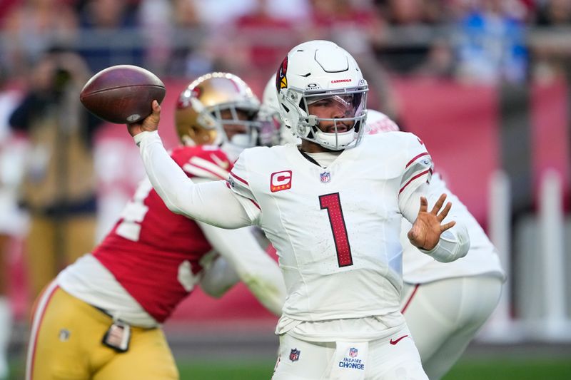 Arizona Cardinals quarterback Kyler Murray (1) passes against the San Francisco 49ers during the second half of an NFL football game Sunday, Dec. 17, 2023, in Glendale, Ariz. (AP Photo/Matt York)