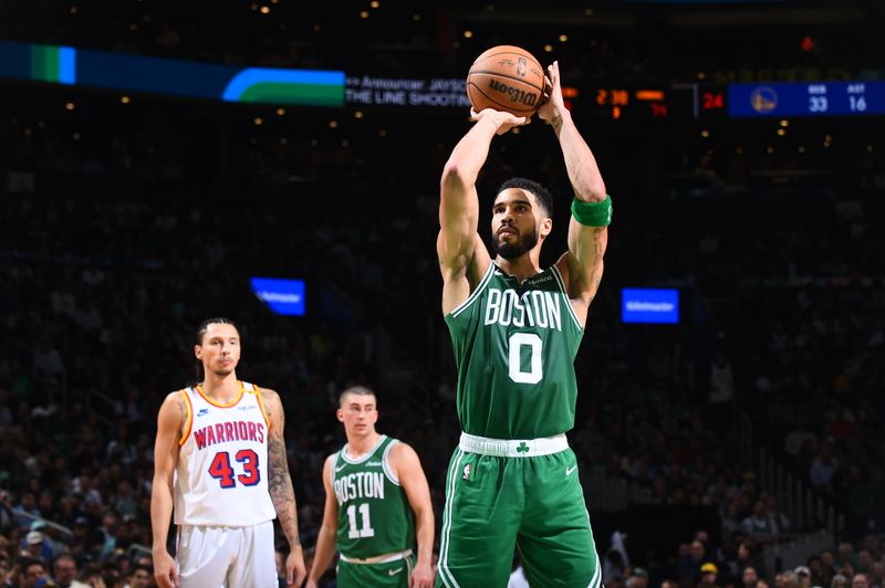 BOSTON, MA - NOVEMBER 6: Jayson Tatum #0 of the Boston Celtics shoots a free throw during the game against the Golden State Warriors on November 6, 2024 at TD Garden in Boston, Massachusetts. NOTE TO USER: User expressly acknowledges and agrees that, by downloading and/or using this Photograph, user is consenting to the terms and conditions of the Getty Images License Agreement. Mandatory Copyright Notice: Copyright 2024 NBAE (Photo by Brian Babineau/NBAE via Getty Images)