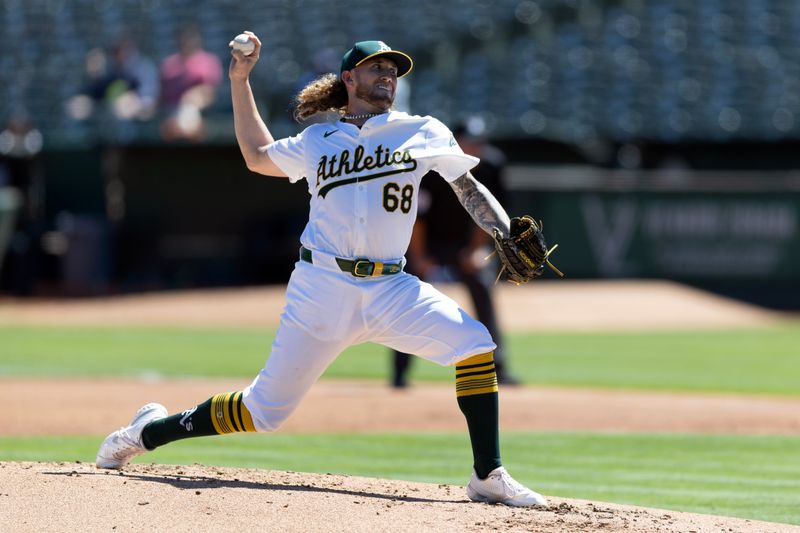 Sep 5, 2024; Oakland, California, USA; Oakland Athletics starting pitcher Joey Estes (68) delivers a pitch against the Seattle Mariners during the second inning at Oakland-Alameda County Coliseum. Mandatory Credit: D. Ross Cameron-Imagn Images