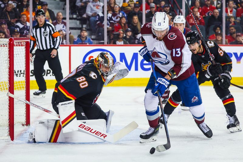 Mar 12, 2024; Calgary, Alberta, CAN; Calgary Flames goaltender Dan Vladar (80) guards his net against Colorado Avalanche right wing Valeri Nichushkin (13) during the first period at Scotiabank Saddledome. Mandatory Credit: Sergei Belski-USA TODAY Sports