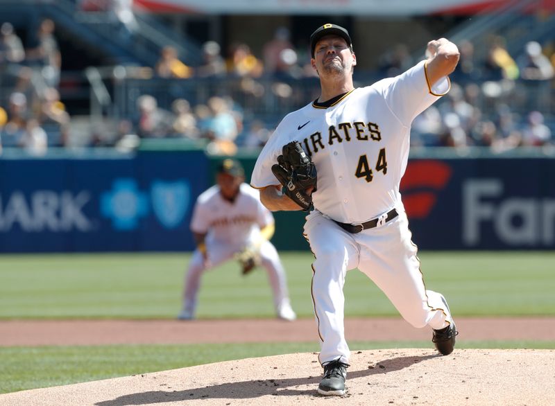 Apr 12, 2023; Pittsburgh, Pennsylvania, USA;  Pittsburgh Pirates starting pitcher Rich Hill (44) delivers a pitch against the Houston Astros during the first inning at PNC Park. Mandatory Credit: Charles LeClaire-USA TODAY Sports